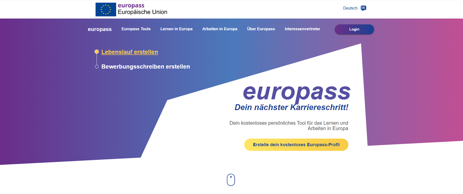 Screenshot der Webseite europass.