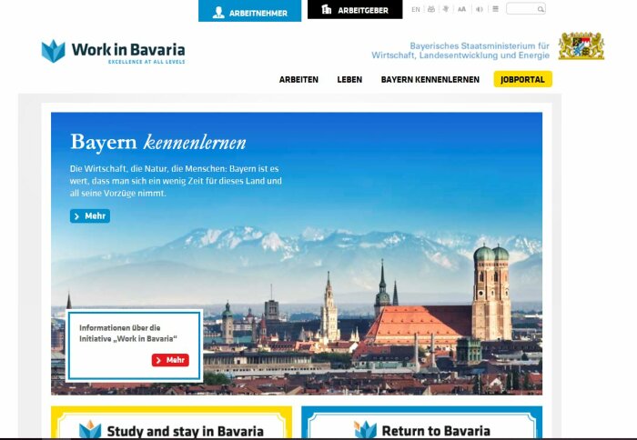 Screenshot der Webseite Work In Bavaria
